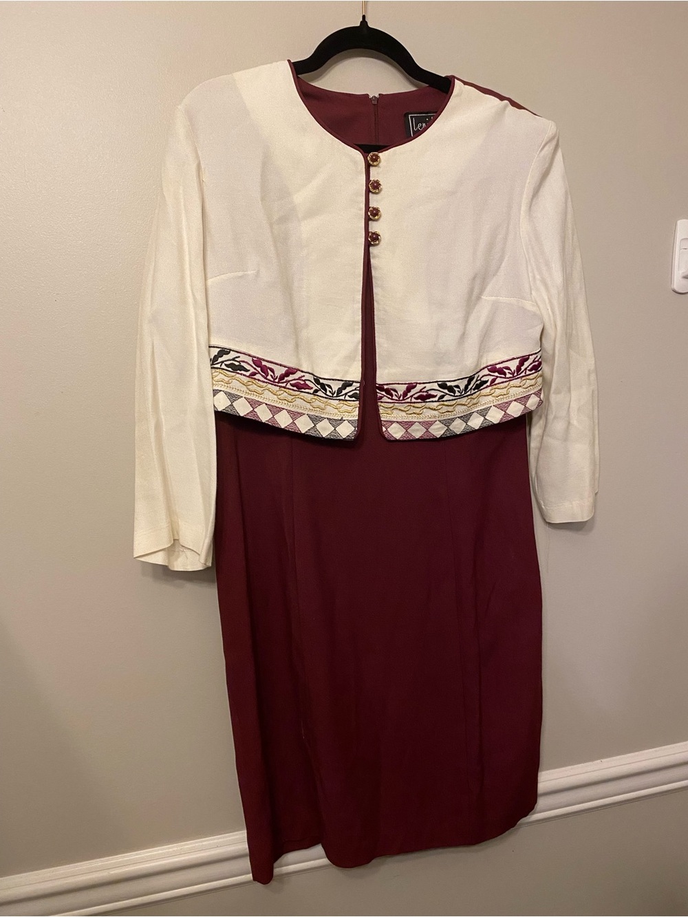 Lee Maroon Long-Sleeve Sheath Dress with Cream Embroidered Cropped Jacket